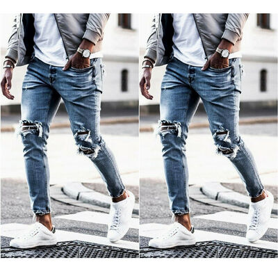 

Mens Ripped Jeans Super Skinny Slim Fit Denim Pants Destroyed Frayed Trousers