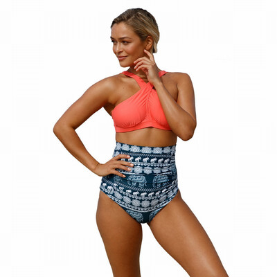 

Tube top sling high waist printed corrugated boxer split swimsuit
