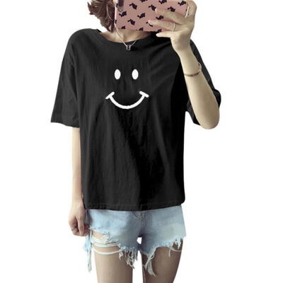 

Women Casual Loose Short Sleeve T-Shirts Embroidery Smiling Crew Neck Tee Tops