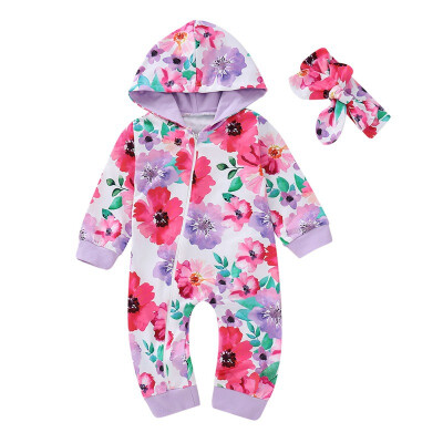 

Baby Romper Jumpsuits For Girls Clothes Spring Long Sleeve Girls Rompers Print Flowers Hooded Zip Baby Rompers Girl Hairband