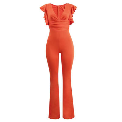 

Sexy Women Bodycon Bodysuits Ruffle Deep V Neck High Waist Wide Legs Romper