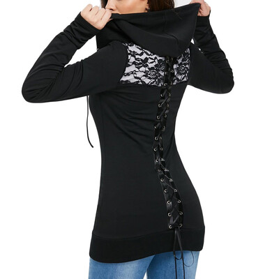 

Starmoon Womens Bandage Long Sleeve Casual Blouse Lace Up Back Zip Up Hoodie Sweatshirt