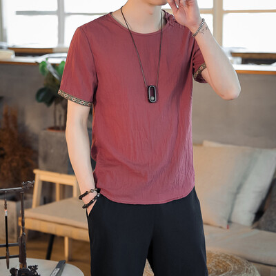 

Toponeto Men Vintage Baggy Embroidery Linen Solid Short Sleeve Retro T Shirts Tops Blouse