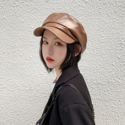 

Beret women winter solid color pu leather bud hat temperament retro painter hat casual hundred net red pumpkin hat