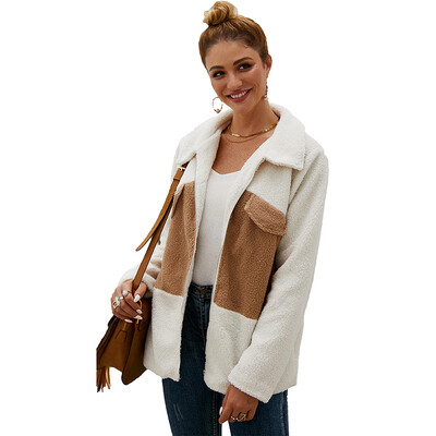 

Women Autumn Winter Jacket Loose Plush Long Sleeved Wild Casual Jacket Velvet Color Stitching Zipper Lapel Warm Coat