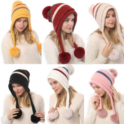 

Women Winter Fur Pom Pom 3 Ball Knit Fur Pom Pom Ball Beanie Girls Warm Ski Cap