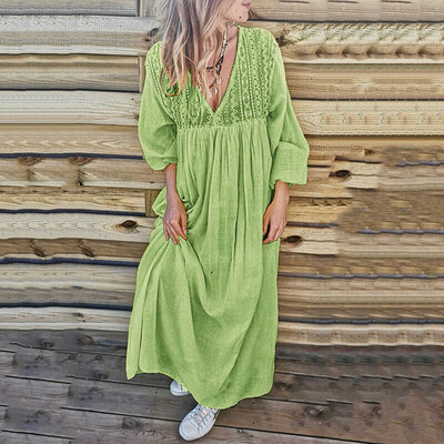

Tailored Fashion Women Casual Plus Size Solid Long Sleeve Lace Partchwork Loose Dress