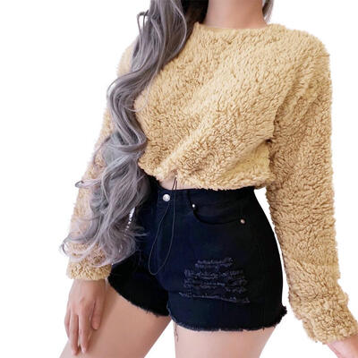 

Slim Fit Women Long Sleeve Solid Fleece O-Neck Sexy Autumn Casual Crop Tops