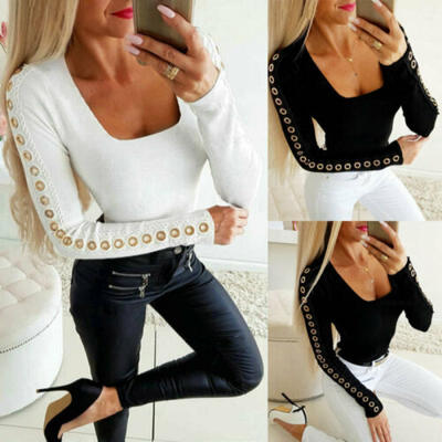 

Women Long Sleeve Bodycon Blouse Tops Low-cut Casual Slim Fit Solid Tee Shirt