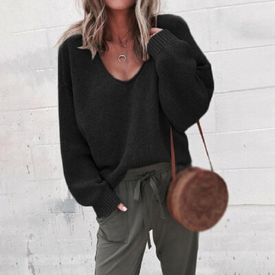 

Women Fashion Loose Casual Solid Solor Pullover Sweater Tops V-neck Long Sleeve