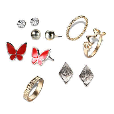 

Unique Red Butterfly Style Circle Bling Rhinestone Crystal Ear Studs Gold Plated Rings Set