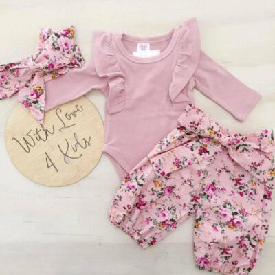 

3pcs Baby Girls Romper TopFloral Pants Outfits Newborn Kids Cotton Clothes Set