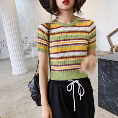 

Womens PulloverStriped Short Sleeve Slim Knitted Top T-Shirt