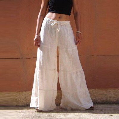 

Women Pure Colour Elastic Waist Casual Cotton-Blend Broad-legged Pants