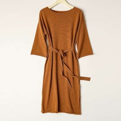 

Card&Geese cashmere sweater solid color round neck new female sweater loose long dress with belt 10540