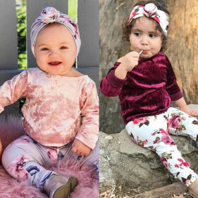 

US Newborn Baby Girls Winter Outfits Clothes Floral TopsLong PantsHeadband Set