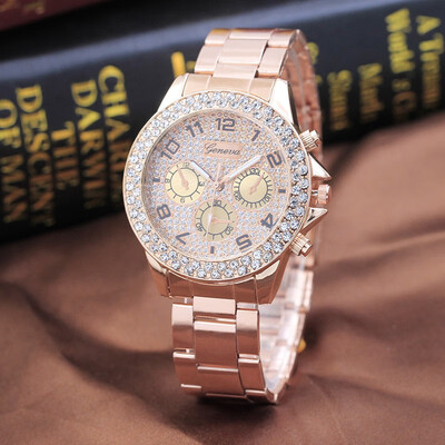 

Geneva double-ring drill three-eye steel belt watch Business mens watch Diamond sand surface quartz watch