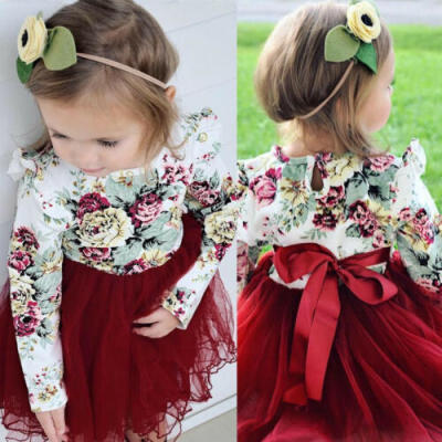 

UK Toddler Kid Baby Girls Long Sleeve Flower Tulle Tutu Skirts Dress htrertyh