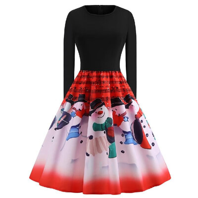 

Cross-border retro womens Christmas large swing skirt round neck long-sleeved musical notes music snowman print dress C0570 green