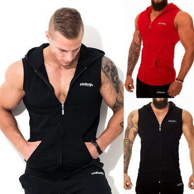 

Men Casual Sleeveless Zip Up Hooded Sweatshirt Sport Hoodies Vest Coat