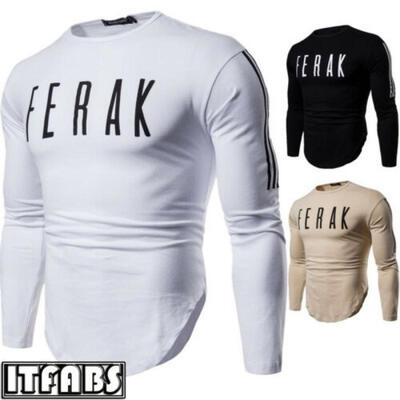 

Fashion Mens Slim Muscle Fit Gym O Neck Plain Long Sleeve T Shirt Curved Hem Tee Top UK