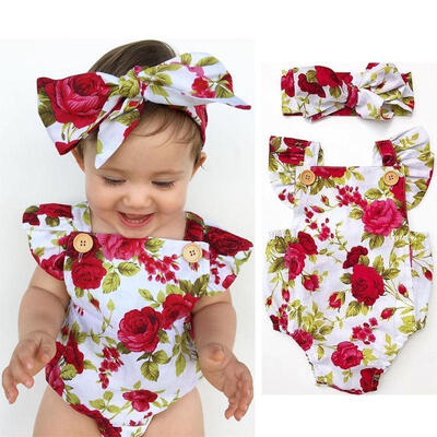 

0-24M Floral Baby Girl Clothes Summer Ruffles Halter Romper Bodysuit Headband Outfit Toddler Kids Clothing Set
