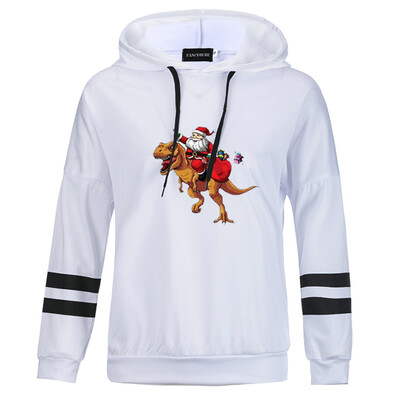 

New Christmas Women Hoodie Funny Dinosaur Santa Claus Sweatshirt Graphic Printed Pullover Hooded Hoodie