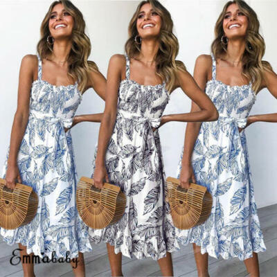 

US Womens Cami Dress Strappy Tropical Ladies Summer Pastels Midi Swing Sundress