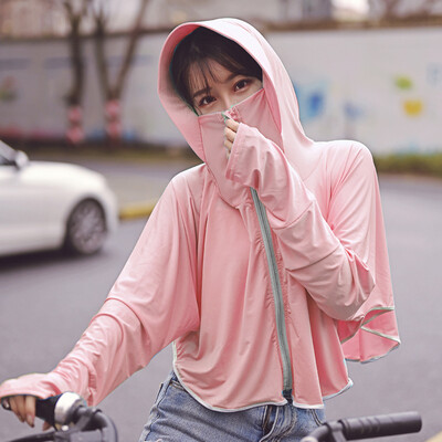 

Female sunscreen short 2019 summer long-sleeved shirt with cap outdoor open cycling purple sunscreen outside thin coat