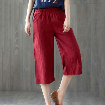 

Womens Elastic Trousers Casual Long Wide Leg Straight Trousers Solid Color