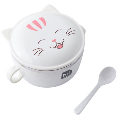 

Cartoon Instant Noodle Bowl Stainless Steel Large Bowl Household Tableware With Lid Spoon Anti-scalding Large Soup Bowl