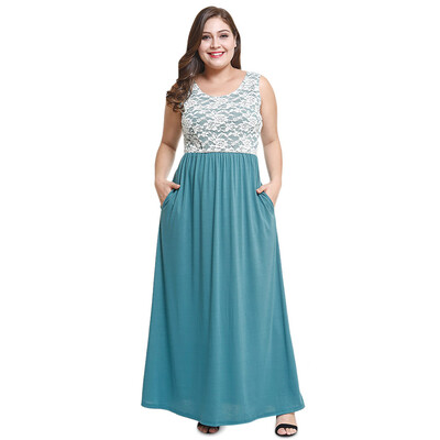 

Scoop Neck Sleeveless Spliced Lace Pocket Plus Size Women Maxi Dress