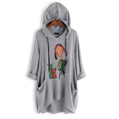 

New Plus Size Women Girl And Cat Printed Graphic Hoodie Casual Long Sleeve Pocket Hooded Sweatshirt For Girl And Lady