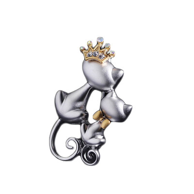 

Creative New Fashion Women Jewelry Silver Couples Crown Cute Crystal Rhinestone Diamond Mini Twin Cat Tail Brooches Pin Gifts