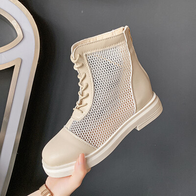 

Autumn&summer new 2019 square short boots cool boots womens breathable fashion mesh openwork mesh red tie thick heel Martins