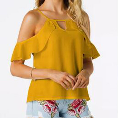 

Women Street Fashion Ruffled Blouse T-shirt Off-the-shoulder Straps Shirts Tops