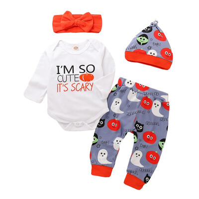 

Newborn Toddler Infant Baby Girl Romper Long Pants Hat Headband 4pcs Outfits Set Casual Clothes