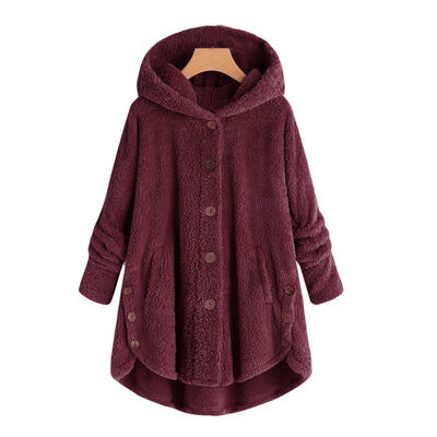 

Womens Wool Blend Fashion Button Coat Fluffy Turn-down Collar Outwear Jacket Casual Tops Hooded Pullover Loose Sweater