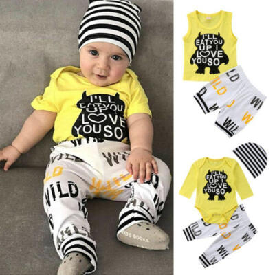 

US Cute Newborn Baby Boy Clothes Monster&Letter Romper Tops Shorts Pants Outfits