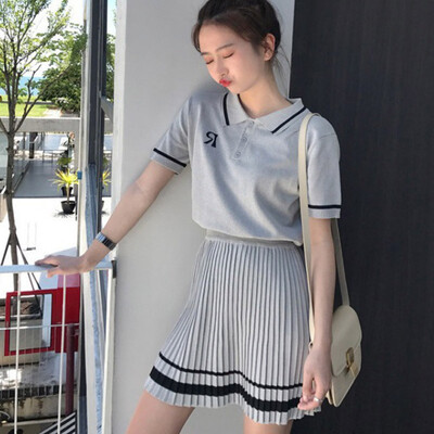 

Women Concise All-match Cute Sweet Lapel Short Sleeve T-shirts Casual Skirt Two-pieces Set