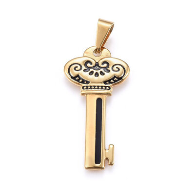 

304 Stainless Steel Pendants with Enamel Key Golden 40x20x2mm Hole 10x5mm