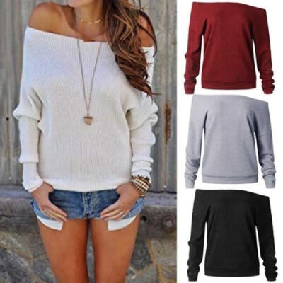 

Women Off Shoulder Baggy Top Knit Knitted Oversize Sweater Jumper Casual Loose