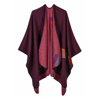 

Women Poncho Cardigan Sweater Contrast Color Block Geometry Cashmere Capes Shawl Scarf Outerwear