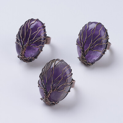 

Natural Amethyst Adjustable Finger Ring Wide Band Rings Oval Red Copper Size 9 19mm