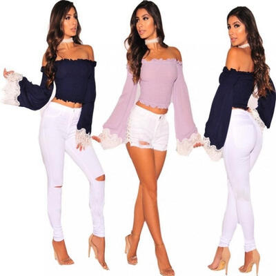 

Women Off Shoulder Top Long Sleeve Sexy Casual Blouse Summer Lace Shirt