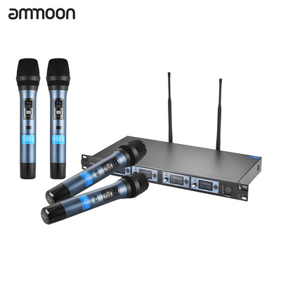 

ammoon 4D Professional 4 Channel UHF Wireless Handheld Microphone System 4 Microphones 1 Wireless Receiver 635mm Audio Cable LCD