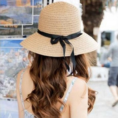 

Women Hat Summer Fall Sunscreen Bow Straw Weaving Hat Wide Brim Travel Beach Suns Visor UV Protection Cap