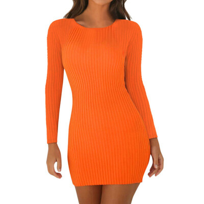 

Women Autumn Winter Sexy Round Neck Long Sleeve Sexy Solid Color Bag Hip Slim Dress