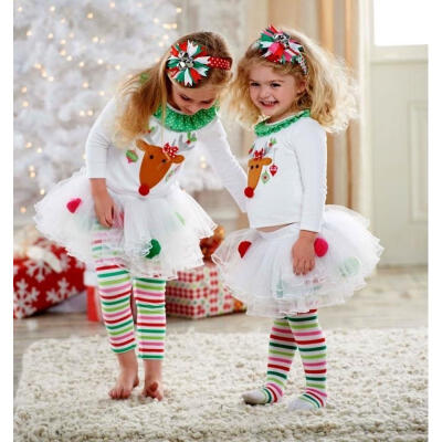 

New Baby Girls Christmas Costume Reindeer Top Tutu Tulle Skirt Pants Outfits Set