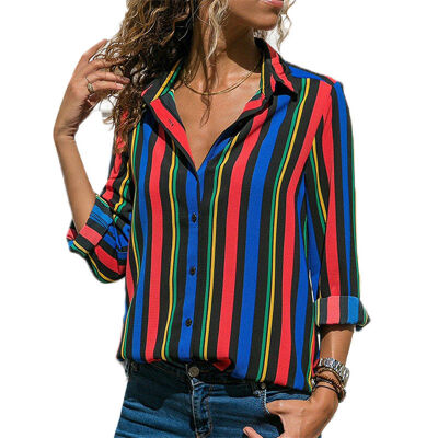 

Women V-neck Chiffon Tops Long Sleeve Tunic Blouse Stripe Shirts Plus Size